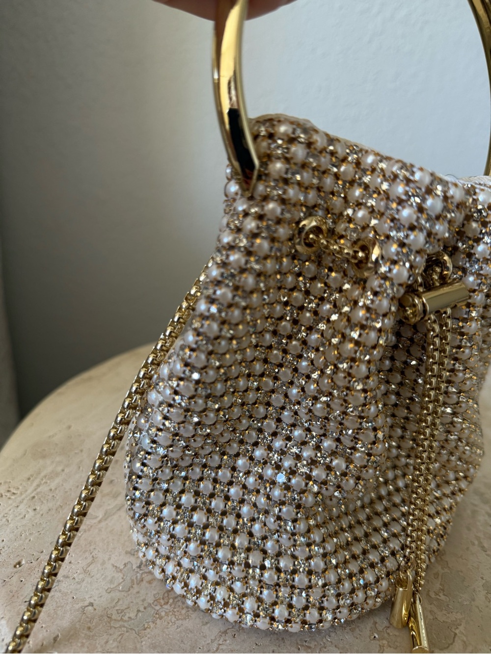 Madison West Pearl Rhinestone Bucket Bag Gold Handle Wedding Evening Bag - Picture 6 of 10
